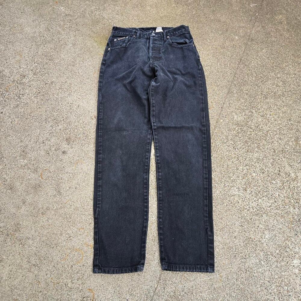 Vtg 90s CALVIN KLEIN JEANS Leather Patch Black Wash Straight Denim Jeans Sz 5
